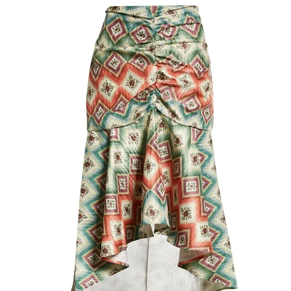 NWT AUTUMN ADEIGBO Soraya Geometric-Print Ruched Bead-Fringe Midi Skirt Size 8